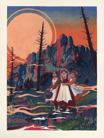 Illustration of the legend "The Drei Schwestern mountain chain" with three young women in traditional costume against a dramatic mountain backdrop at sunset - Liechtenstein legends