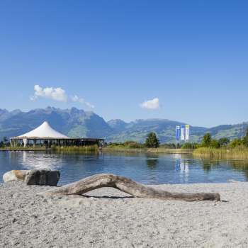 Natural bathing area with sand, driftwood and views of the Liechtenstein Alps in the Grossabünt recreational park