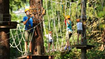 Children with helmets and safety equipment crossing a suspension bridge in the adventure rope park