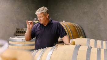Winemaker from the Hoop winery in Liechtenstein tasting wine straight from the wooden barrel in the wine cellar.