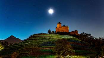 The illuminated Gutenberg Castle at night under a full moon, nestled in the vineyards