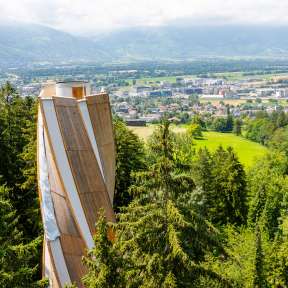 Modern observation tower on Dux in Liechtenstein, surrounded by forests with a view of the Rhine Valley