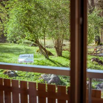 View from the balcony of the guest house at the Mittagsspitze campsite into the greenery with trees and sunbathing lawn.