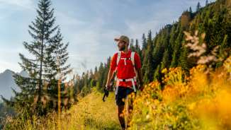 Hiker with a red shirt on a sunny mountain path near Malbun, surrounded by meadow flowers, coniferous forest and alpine scenery in Liechtenstein