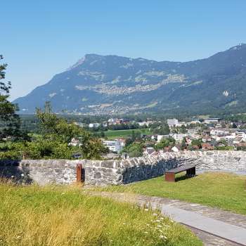 Walk through an avenue of trees with a view of Gutenberg Castle and the Alpine scenery in the background