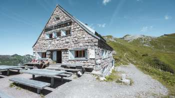 Pfälzerhütte hut the Liechtenstein Alps, in sunny weather