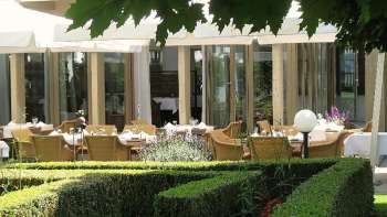 Sunny garden terrace of the Vivid restaurant with set tables and a view of the greenery