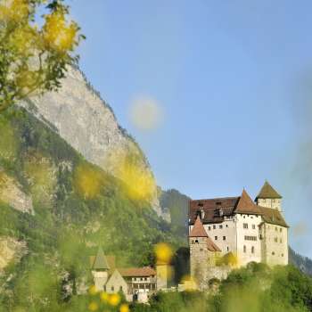 Gutenberg Castle is enthroned in front of a rocky mountain massif, surrounded by green nature and summer light.