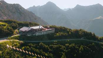 Drone footage of Sareis Bergrestaurant the Liechtenstein mountains