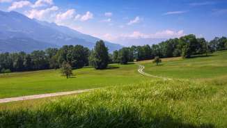 Bofel in Triesen: winding hiking trail through meadows with a view of the mountains