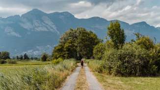 Hikers on a gravel path surrounded by green nature with a view of the imposing mountain scenery between Schaanwald and Ruggell.