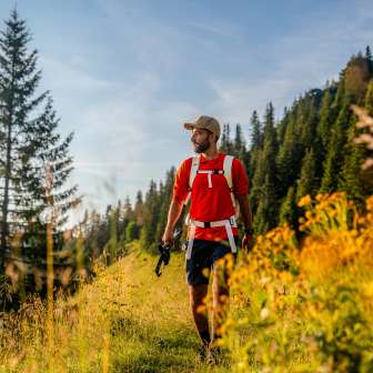 Hiker with a red shirt on a sunny mountain path near Malbun, surrounded by meadow flowers, coniferous forest and alpine scenery in Liechtenstein