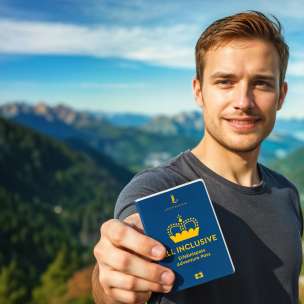 Man shows the ALL INCLUSIVE Adventure Pass with mountain panorama in the background
