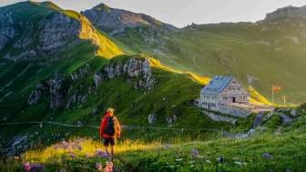 Hiker looks at the Pfälzer hut in Liechtenstein, surrounded by a green mountain landscape and Alpine panorama in the evening light