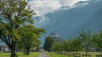 Sweeping views of the valley and surrounding mountains from Gutenberg Castle on a clear day