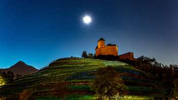 The illuminated Gutenberg Castle at night under a full moon, nestled in the vineyards