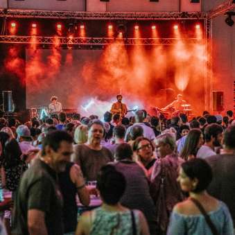 Concert by the band Baba Shrimps at the FL1.LIFE Festival with red stage lighting and a large audience
