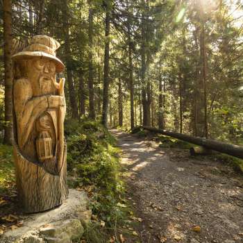 Wooden figure with lantern on the Walser Saga Trail in the mystical forest light