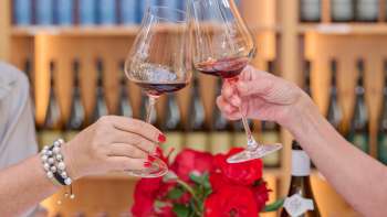 Two people toast with glasses of red wine in the Court Winery of the Prince of Liechtenstein