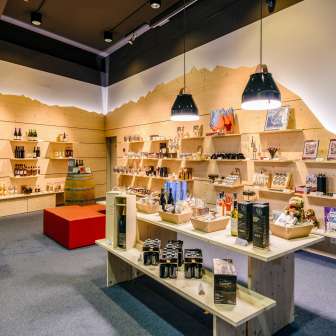 Salesroom of the Liechtenstein Center in Vaduz with regional specialties, souvenirs and gift items