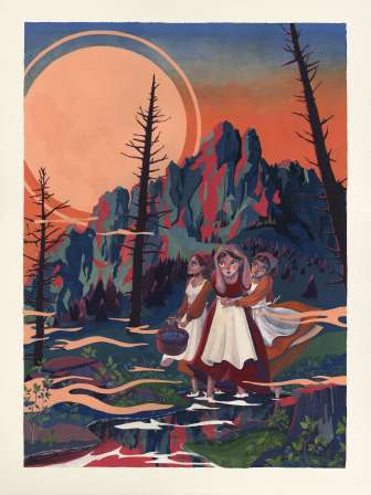 Illustration of the legend "The Drei Schwestern mountain chain" with three young women in traditional costume against a dramatic mountain backdrop at sunset - Liechtenstein legends