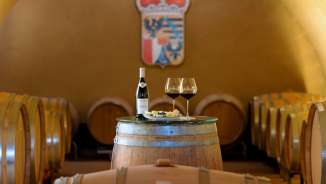 View of the wine cellar with wooden barrels and a covered barrel table with wine and cheese at the Court Winery of the Prince of Liechtenstein