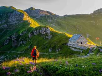 Hiker looks at the Pfälzerhütte hut Liechtenstein, surrounded by green mountain landscape and Alpine panorama in the evening light.