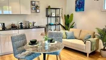 Kitchenette, dining table and sofa