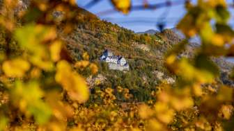 View of Vaduz Castle in Liechtenstein in the fall, framed by golden yellow leaves and an autumnal natural backdrop.