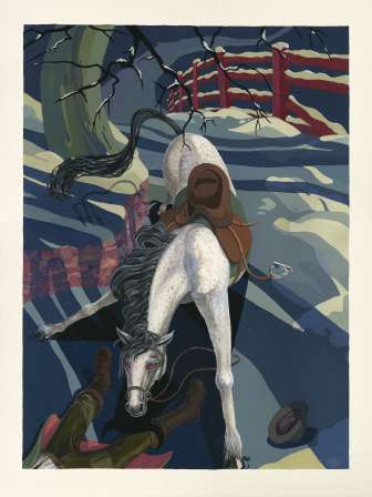 Illustration of the legend of the Lochgass white horse: white ghost horse with a red gaze and rider in the snow - Liechtenstein legends in a gloomy atmosphere