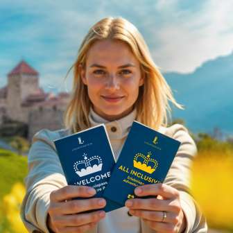 Frau presents the WELCOME and ALL INCLUSIVE Adventure Pass in front of Vaduz Castle