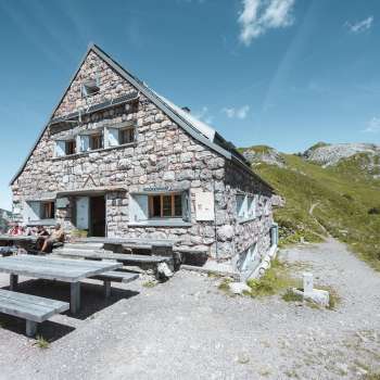 Pfälzerhütte hut the Liechtenstein Alps, in sunny weather