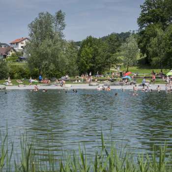 Summer bathing day in the natural pond of the Grossabünt recreational park, surrounded by green meadows and trees.