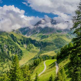 Winding mountain hiking trail through green meadows and larch forest with views of cloud-covered mountain peaks in the alpine region