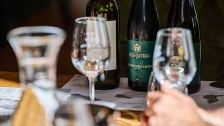 Close-up of wine glasses and wine bottles from Hofkellerei Liechtenstein during a professional wine tasting with Grüner Veltliner