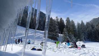A group of people build an igloo
