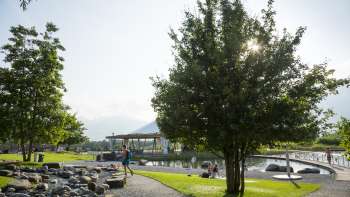 Sunny walk with shady trees and a view of the water in the Grossabünt recreational park in Ruggell.