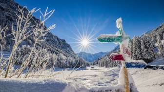 Snow-covered signposts and a fantastic winter landscape in bright sunshine in Steg, Liechtenstein.