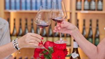 Two people toast with glasses of red wine in the Court Winery of the Prince of Liechtenstein