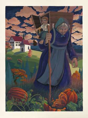 Illustration of an old legendary figure with a hood and stick, carrying a child in a basket on his back - inspired by Liechtenstein folk culture