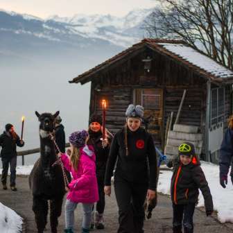 Family-friendly llama trekking in the snow in Liechtenstein with torches and a view of the mountains - a special outdoor fondue experience.