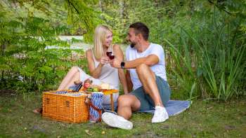 Couple enjoys a romantic picnic in the countryside with regional delicacies
