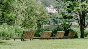 Quiet sunbathing lawn with wooden loungers in the Haberfeld Nature Park, with a view of the castle in the background.