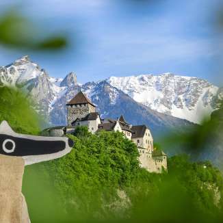 View of Vaduz Castle with Detective Trail in the foreground and snow-covered Alps in the background.