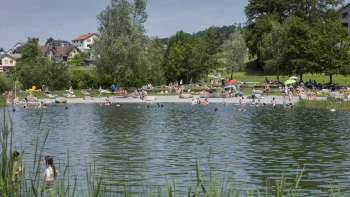 Summer bathing day in the natural pond of the Grossabünt recreational park, surrounded by green meadows and trees.