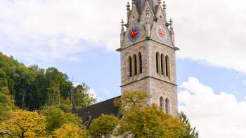 View of the tower of St. Florin's Cathedral with trees in the foreground
