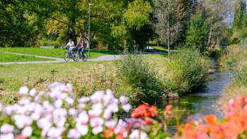 Cyclists on their way along a flowering path in Haberfeld Vaduz