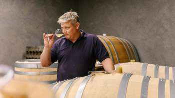 Winemaker from the Hoop winery in Liechtenstein tasting wine straight from the wooden barrel in the wine cellar.