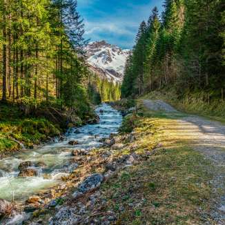 Clear mountain stream near Steg in Liechtenstein in spring, flanked by fir forest and hiking trail with a view of the mountains