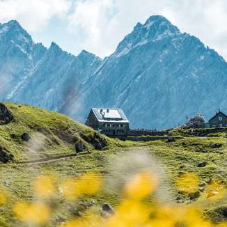 Distant view of the Pfälzer hut in Liechtenstein with wild flowers in the foreground and steep rocky peaks in the background